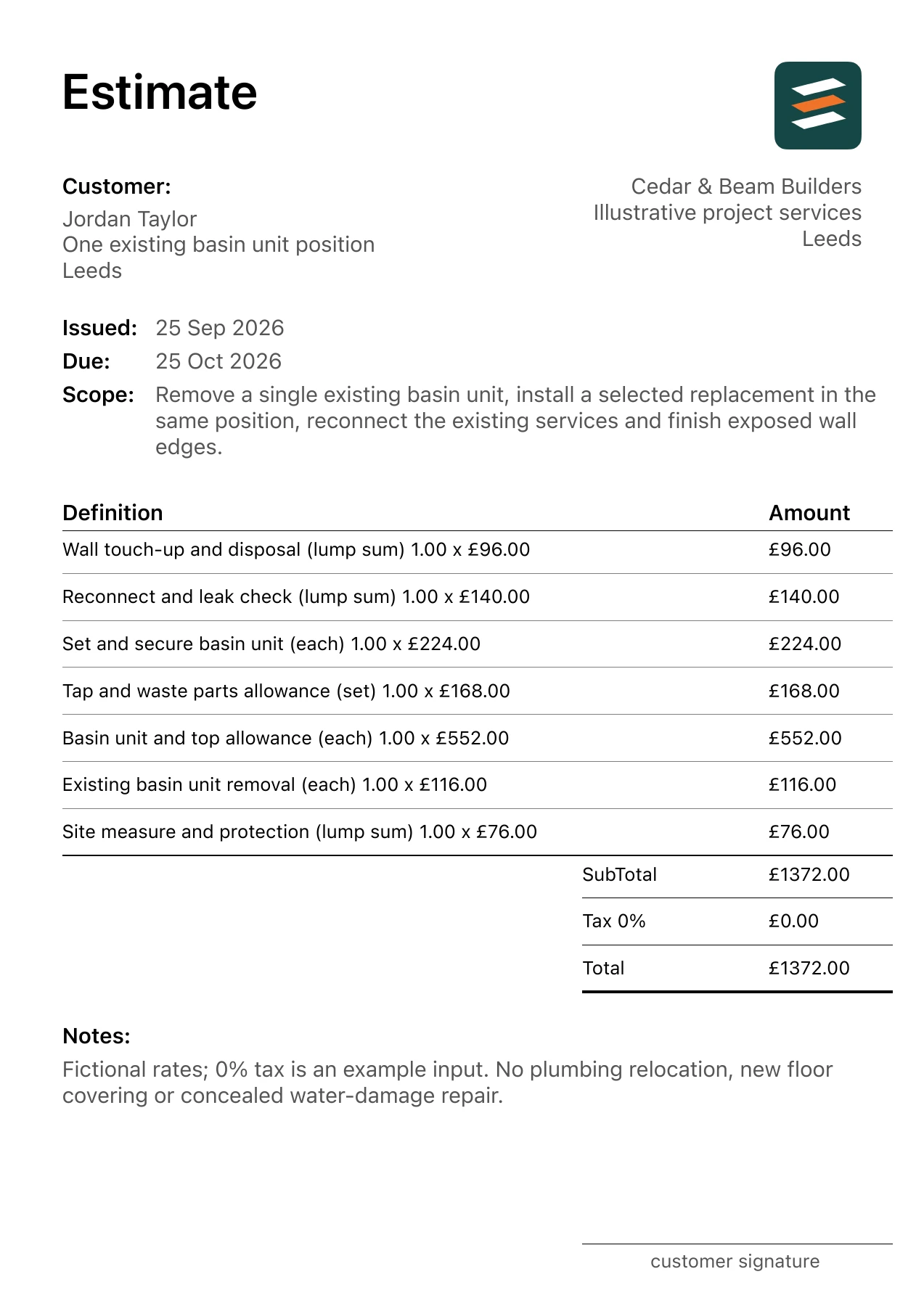 First page of the fictional bathroom vanity unit replacement estimate PDF