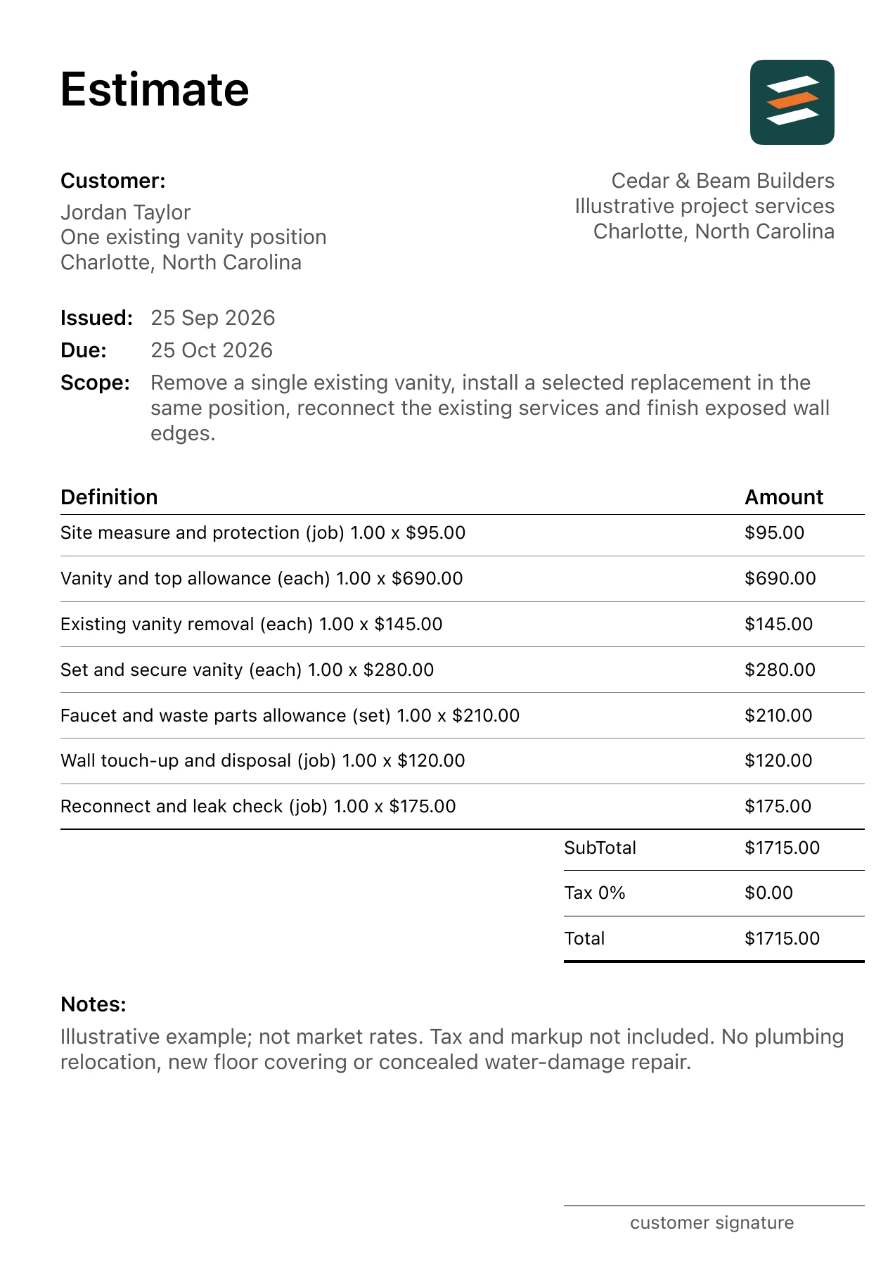 First page of the fictional bathroom vanity replacement estimate PDF
