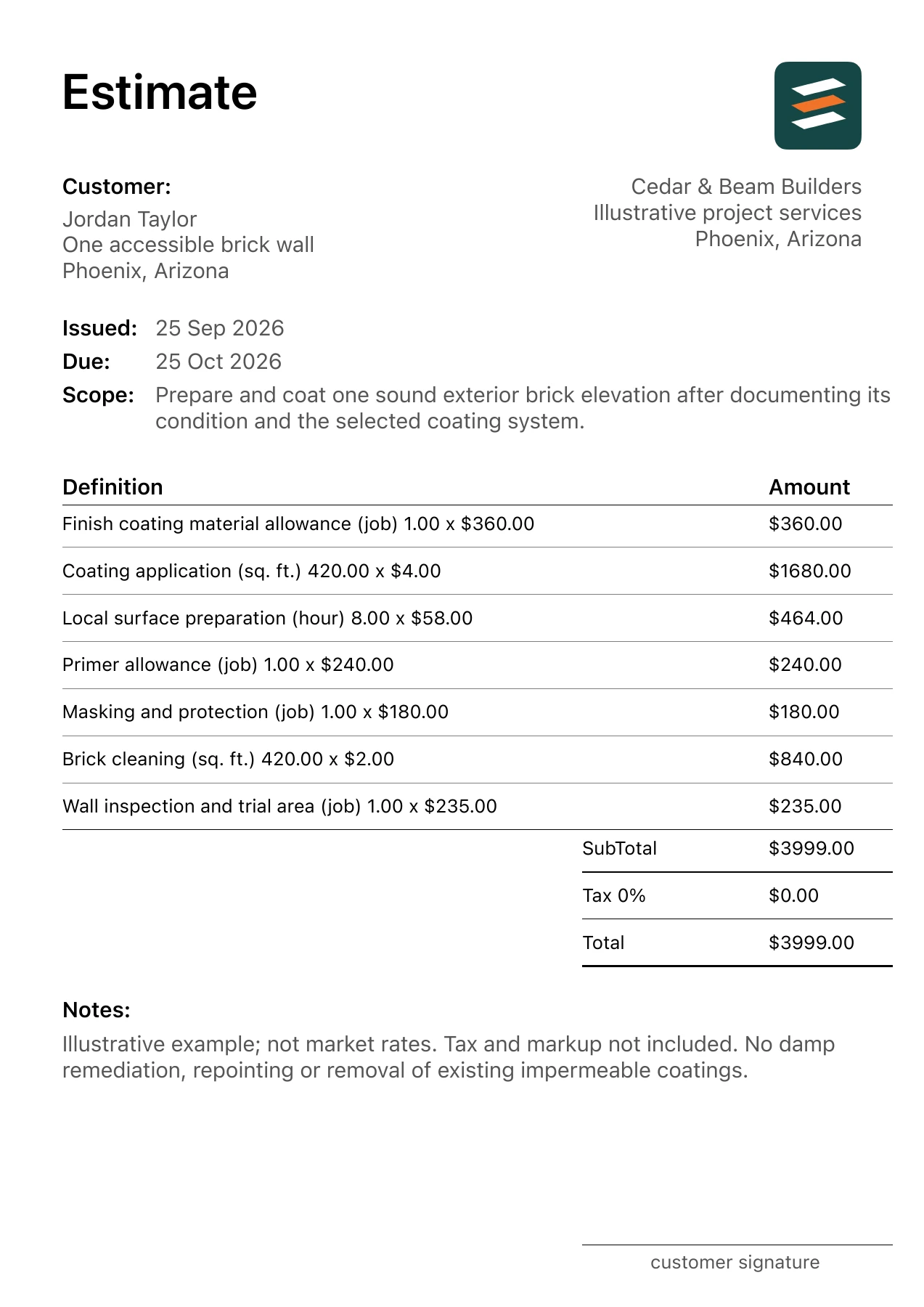 First page of the fictional exterior brick painting estimate PDF