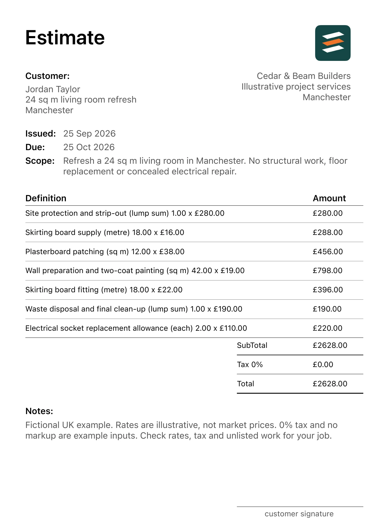First page of the Manchester builder’s quote example PDF