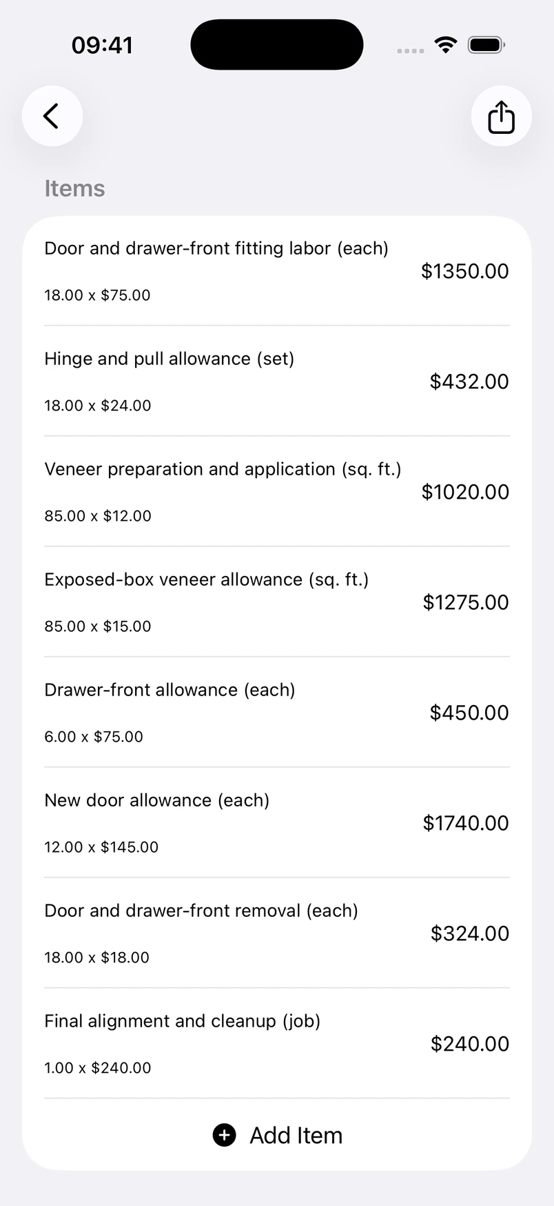 Cabinet refacing line items in the Estimates cost editor