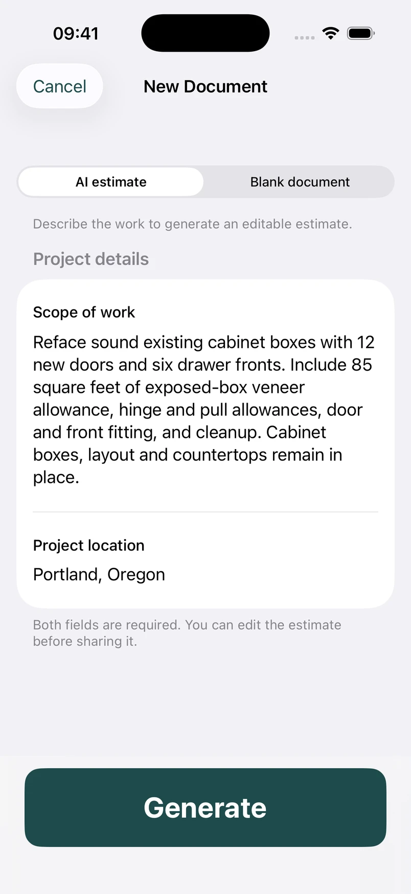 Cabinet refacing scope in the New Document screen