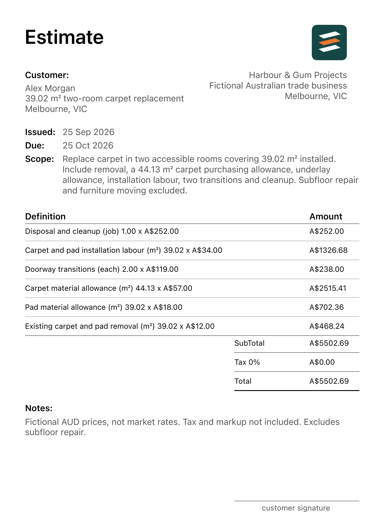 First page of the carpet installation estimate PDF