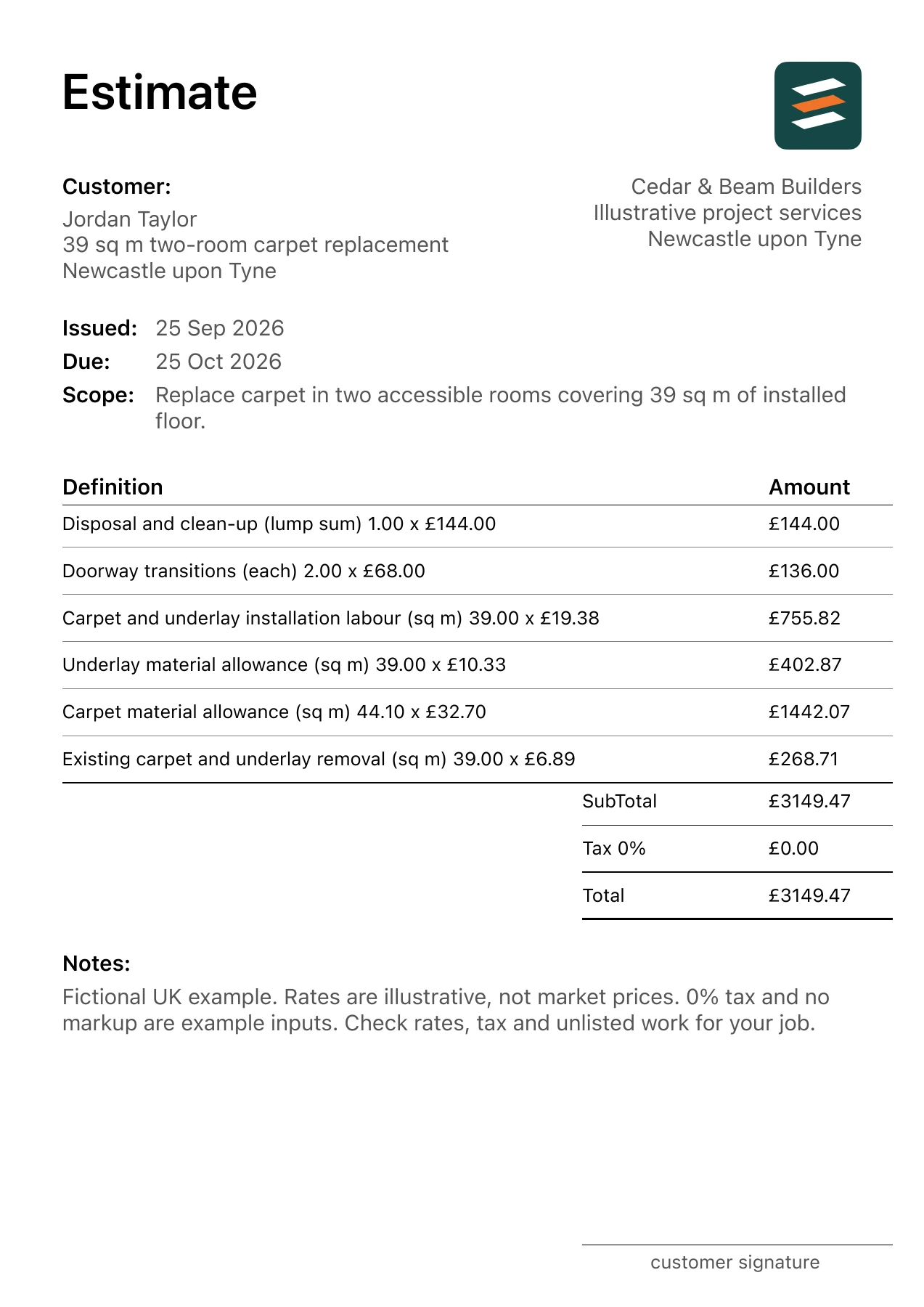 First page of the carpet installation estimate PDF for a fictional Newcastle upon Tyne job