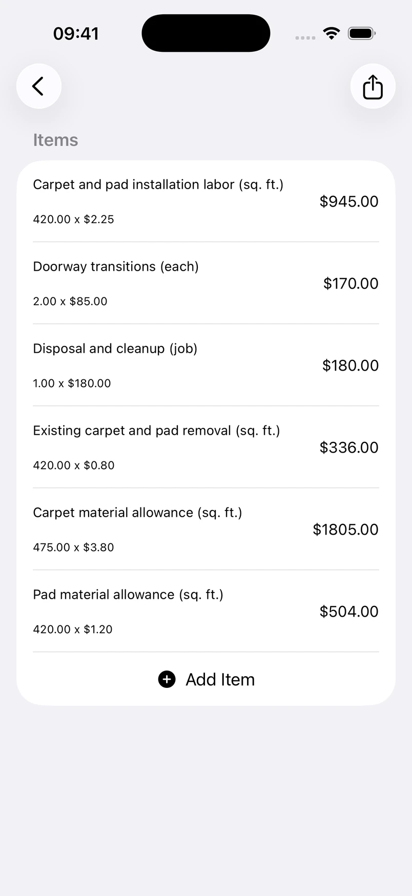 Carpet installation line items in the Estimates cost editor