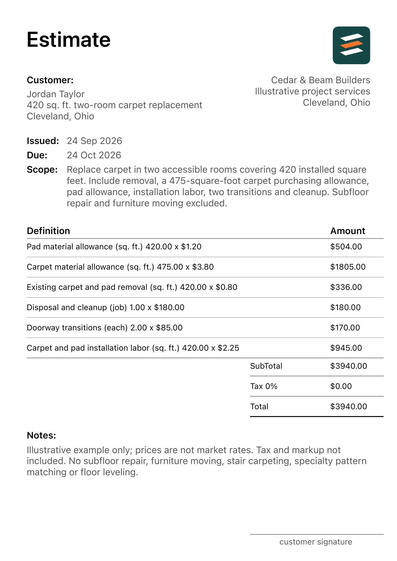 First page of the carpet installation estimate PDF