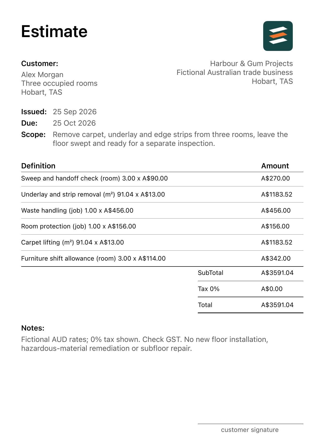 First page of the fictional Hobart, Tasmania carpet removal and floor handoff estimate PDF