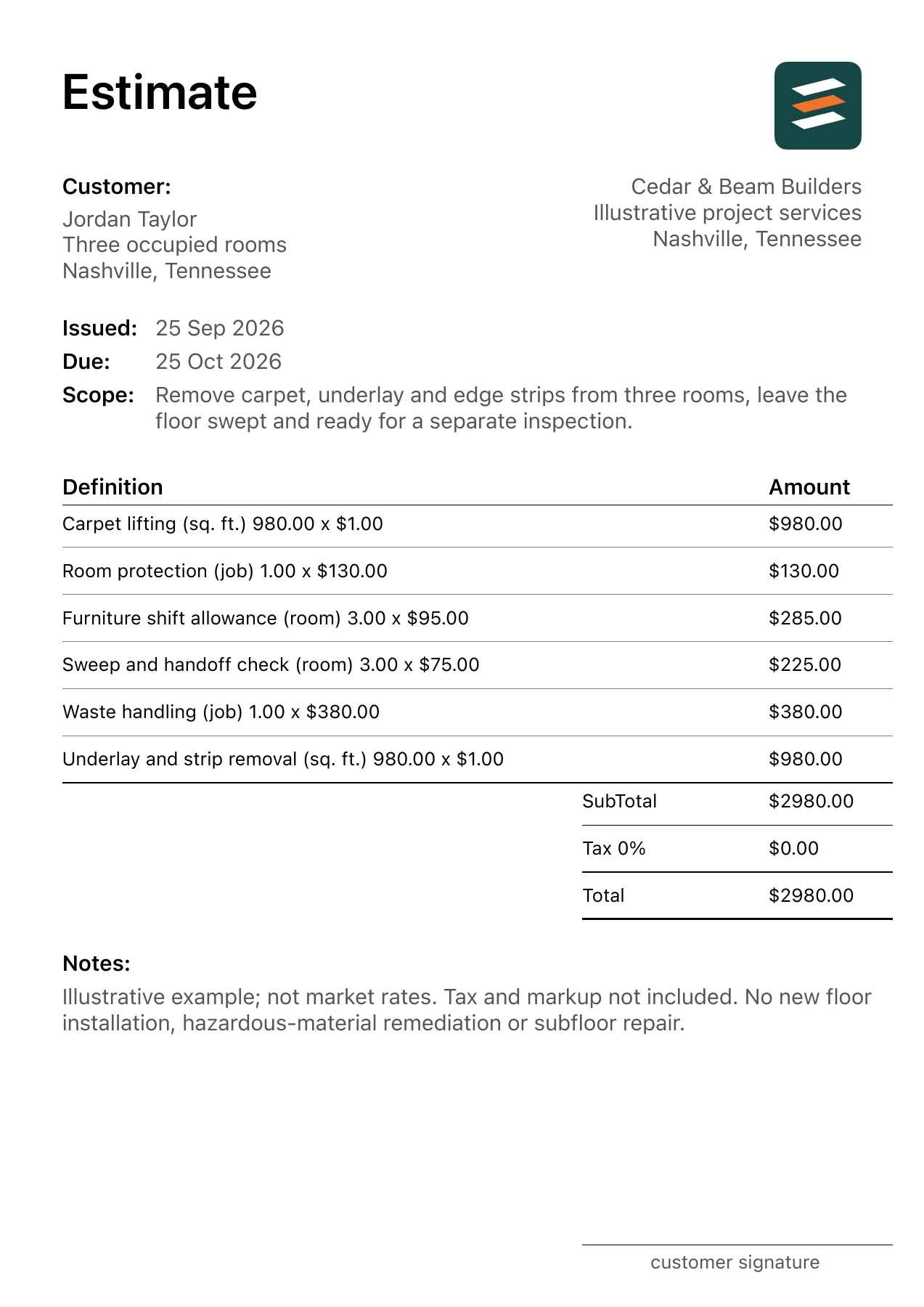 First page of the fictional carpet removal and floor handoff estimate PDF