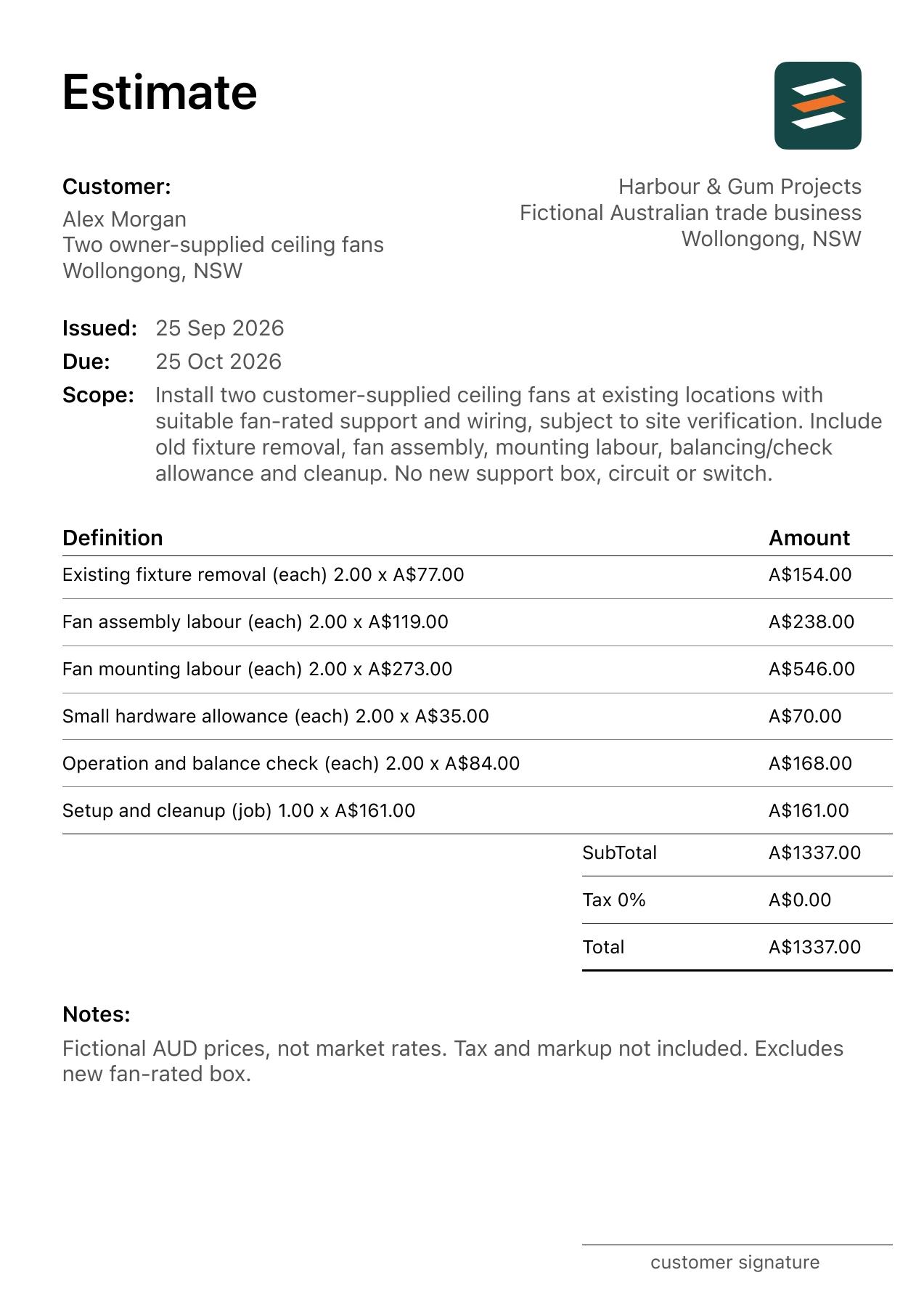 First page of the ceiling fan installation estimate PDF
