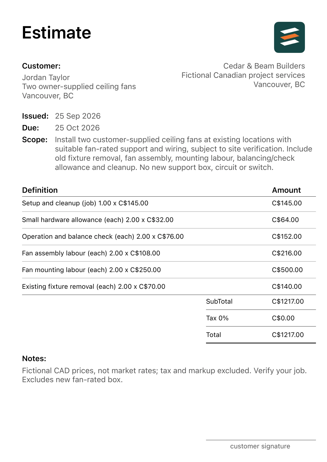 First page of the Vancouver, British Columbia ceiling fan installation estimate in Canadian dollars
