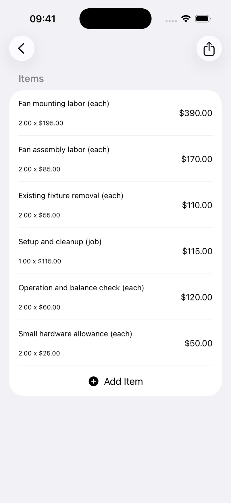 Ceiling fan installation line items in the Estimates cost editor