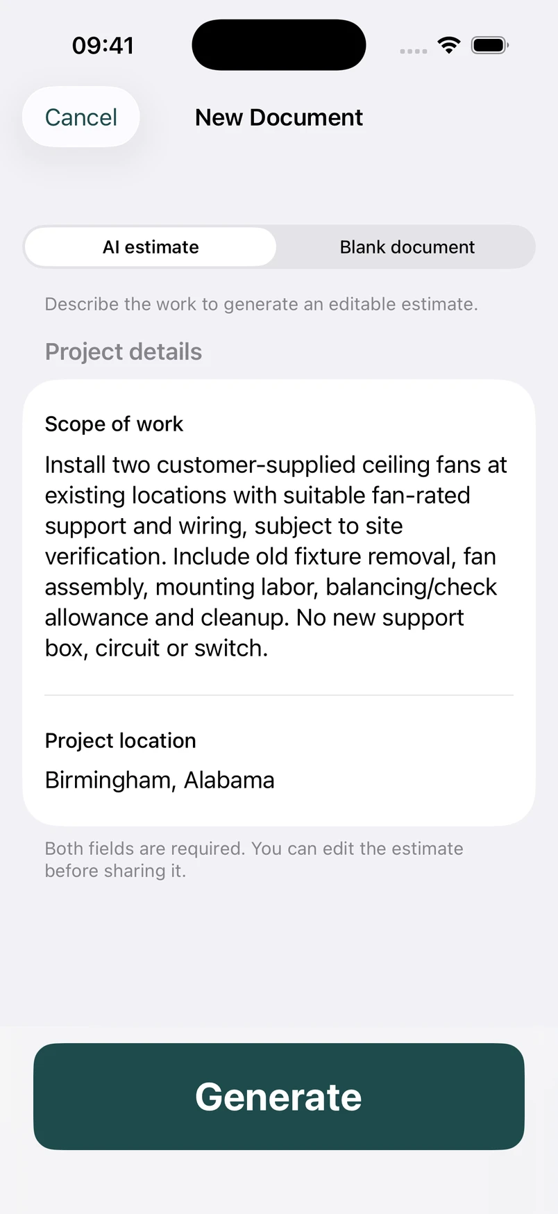 Ceiling fan installation scope in the New Document screen