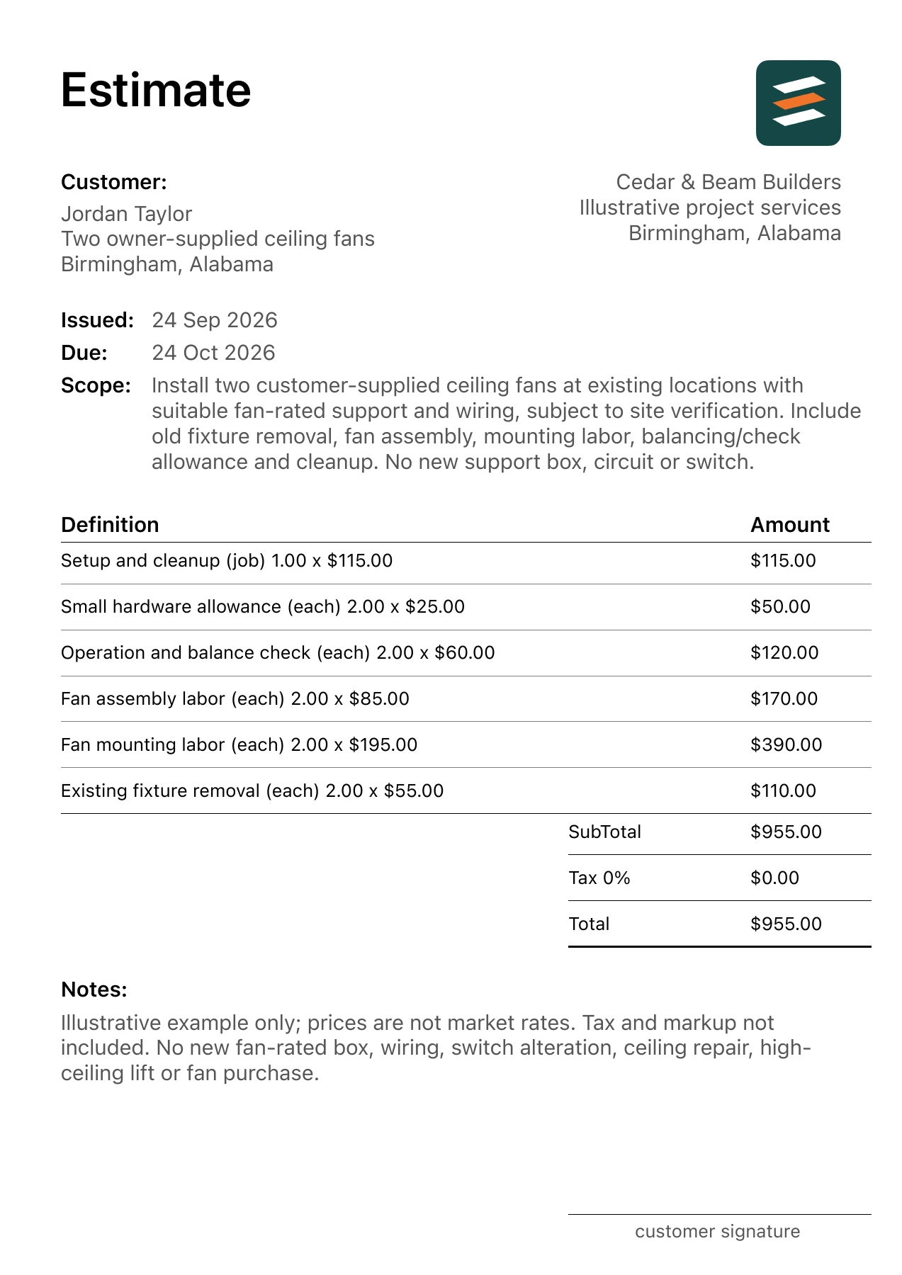 First page of the ceiling fan installation estimate PDF
