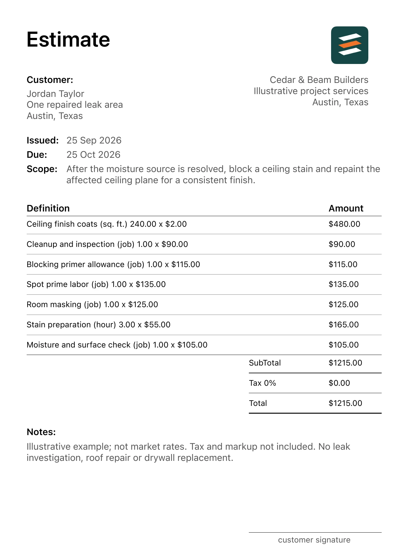 First page of the fictional ceiling stain repair and repaint estimate PDF