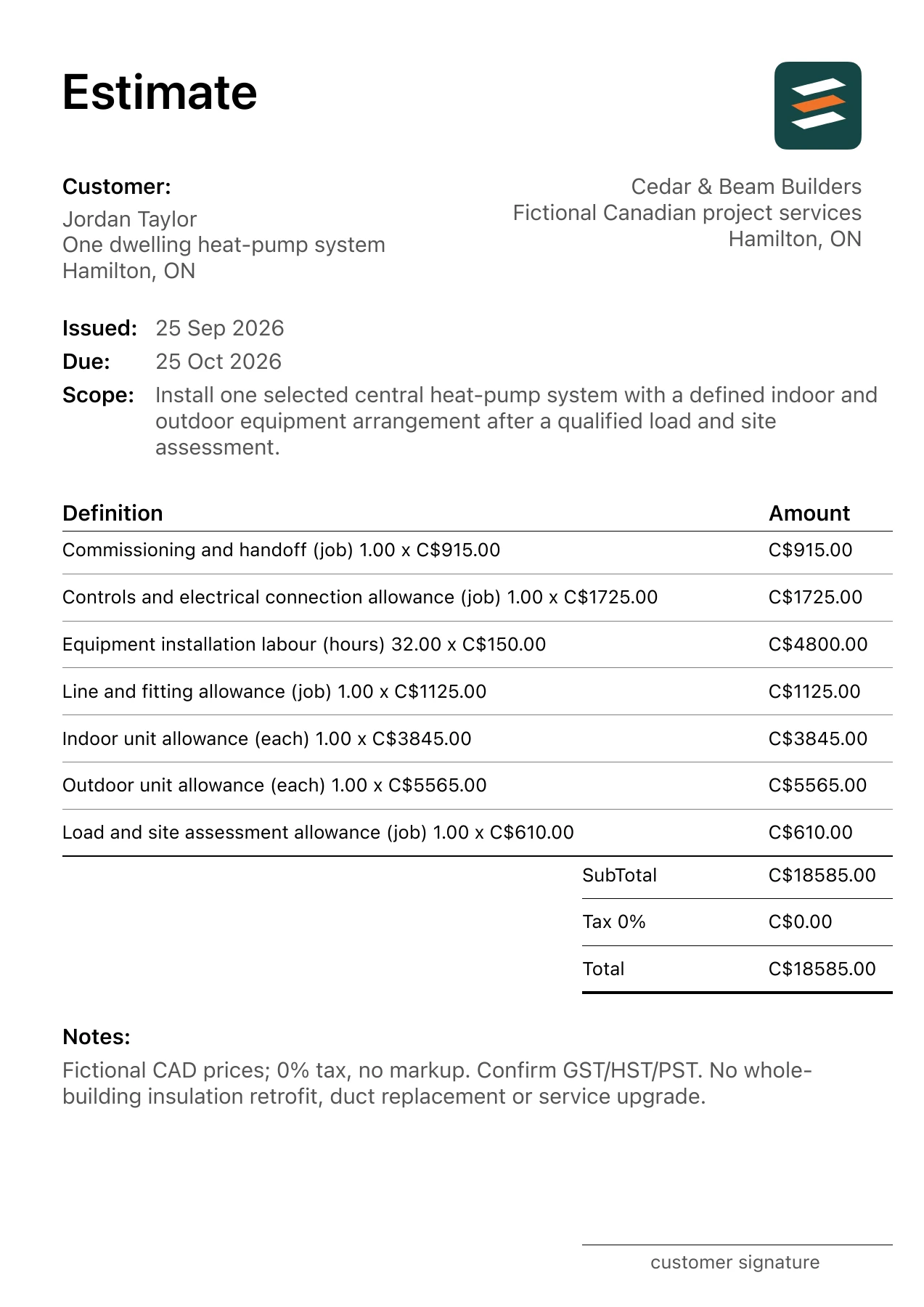 First page of the fictional Hamilton, Ontario central heat pump installation PDF estimate
