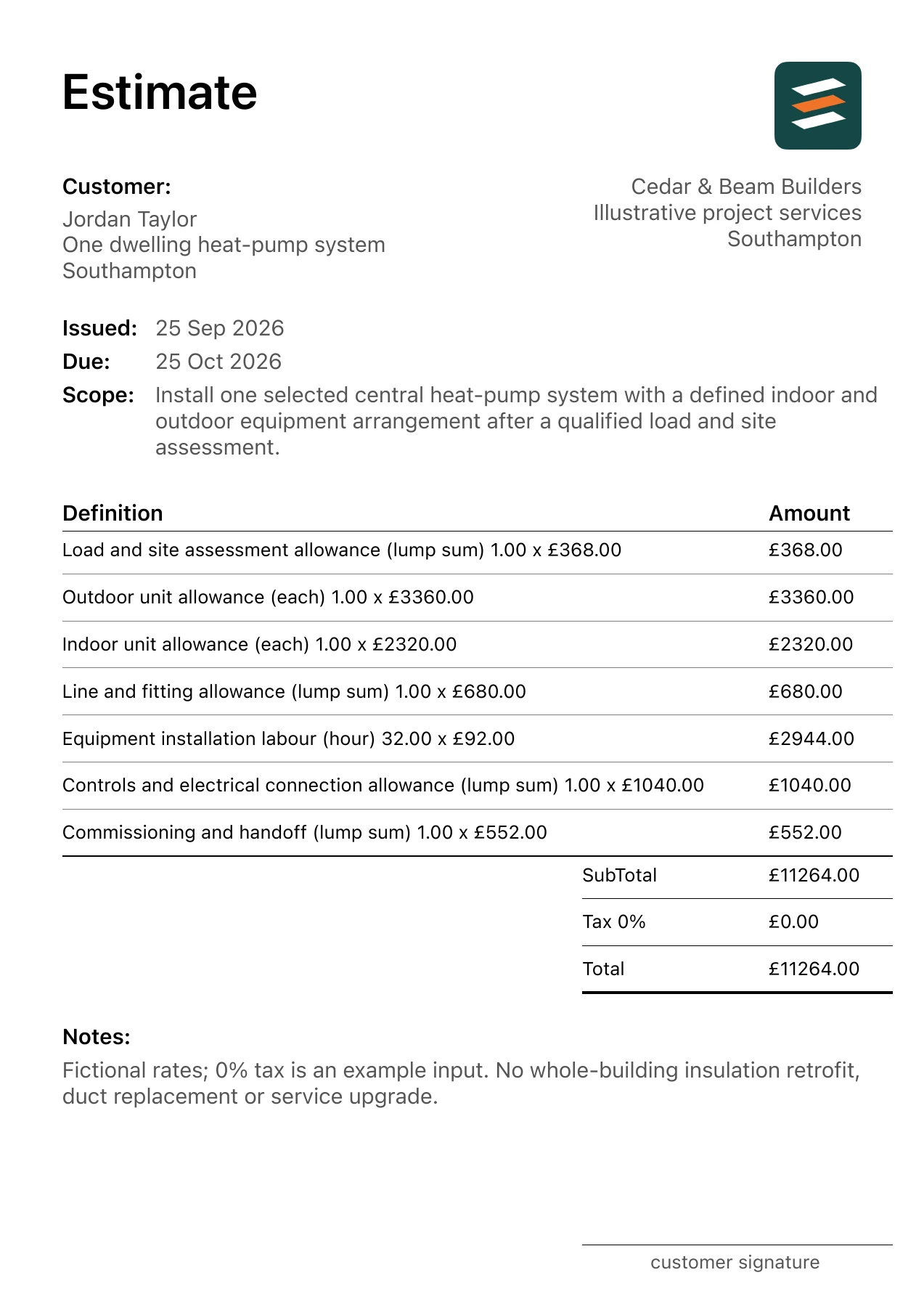 First page of the fictional central heat pump installation estimate PDF