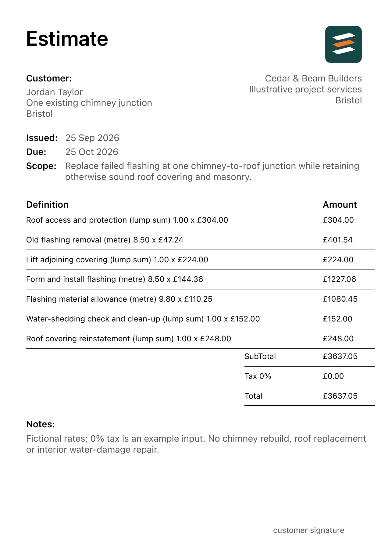 First page of the fictional chimney flashing repair estimate PDF
