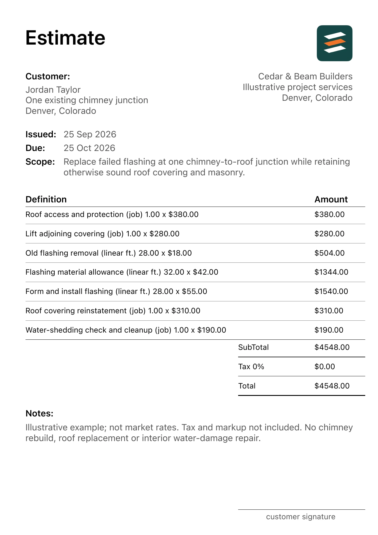First page of the fictional chimney flashing repair estimate PDF