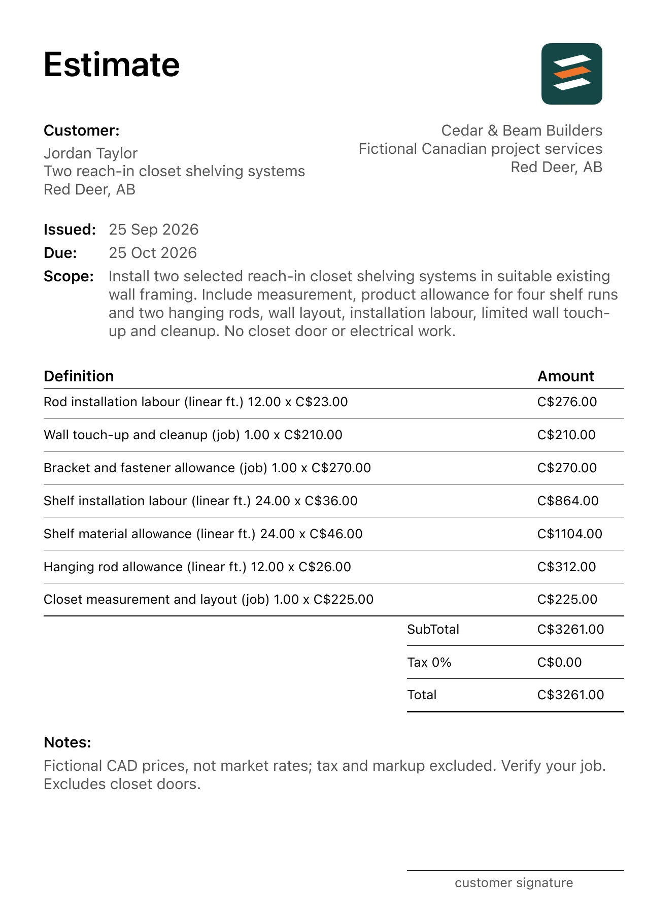 First page of the Red Deer, Alberta closet shelving installation estimate in Canadian dollars