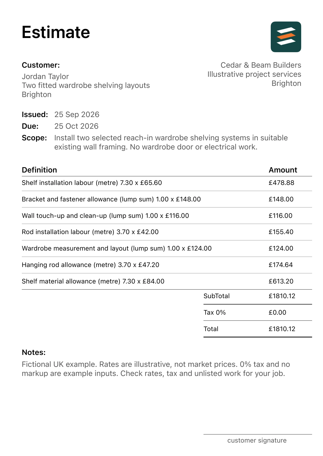 First page of the built-in wardrobe shelving installation estimate PDF for a fictional Brighton job