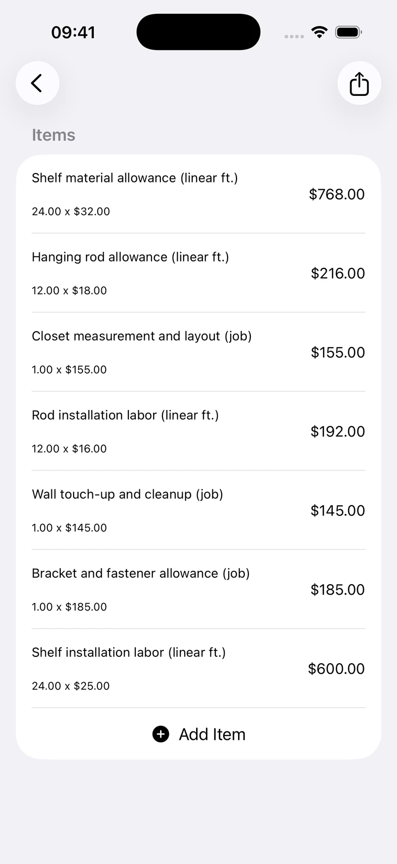 Closet shelving installation line items in the Estimates cost editor
