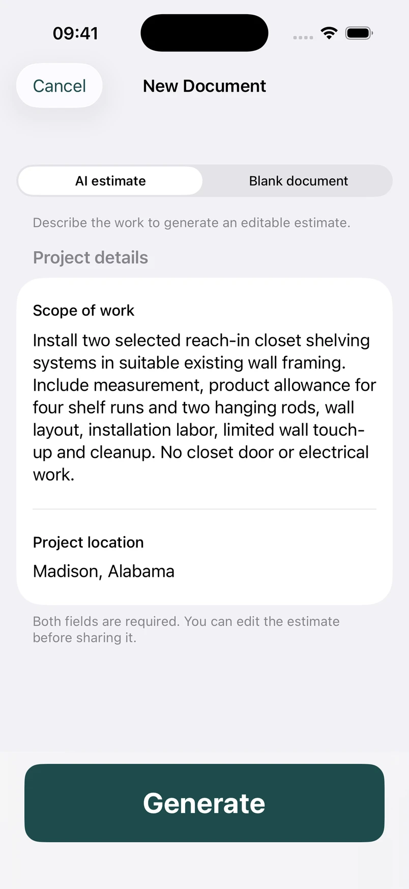 Closet shelving installation scope in the New Document screen