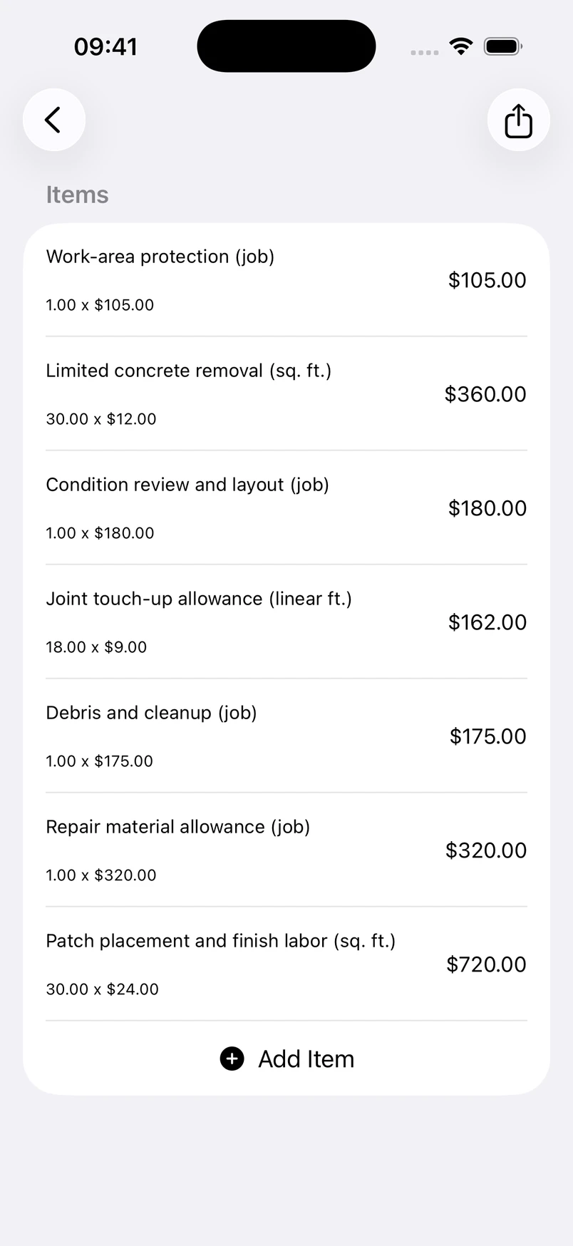 Concrete driveway repair line items in the Estimates cost editor