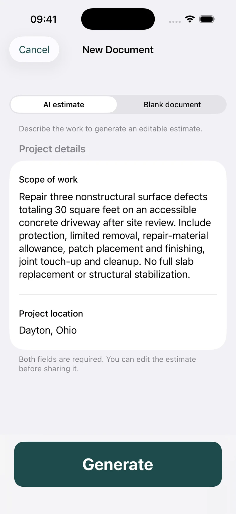 Concrete driveway repair scope in the New Document screen