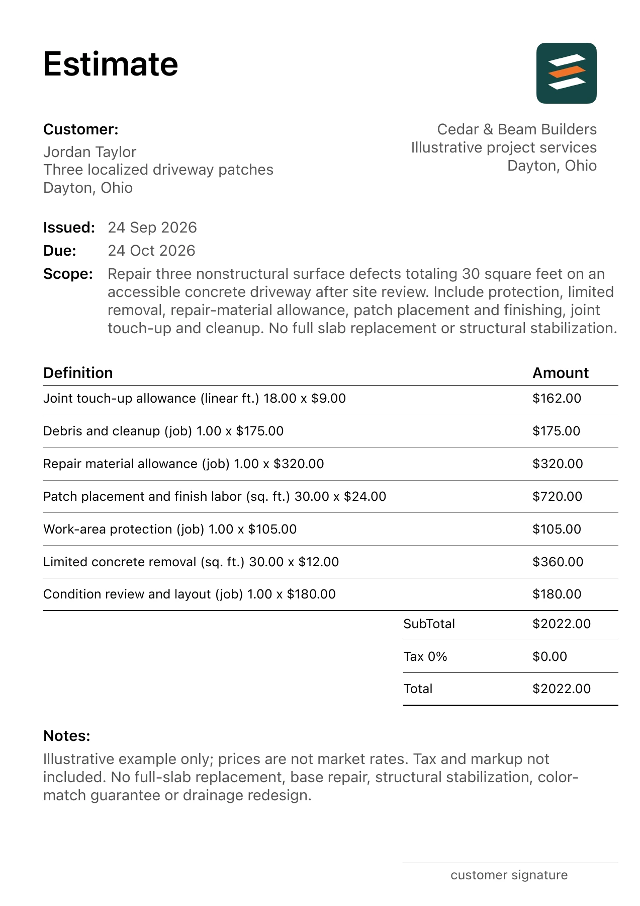 First page of the concrete driveway repair estimate PDF