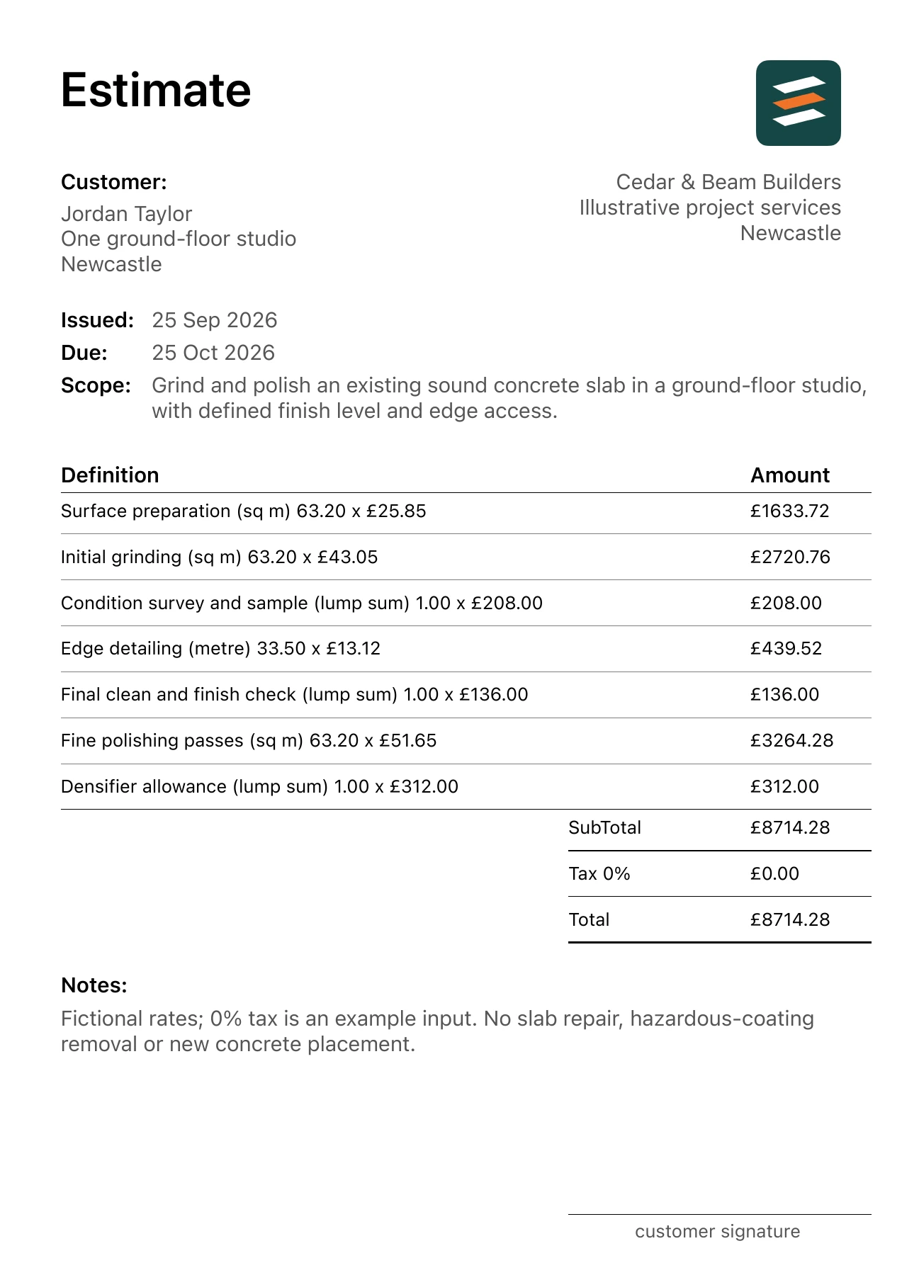 First page of the fictional concrete floor polishing estimate PDF