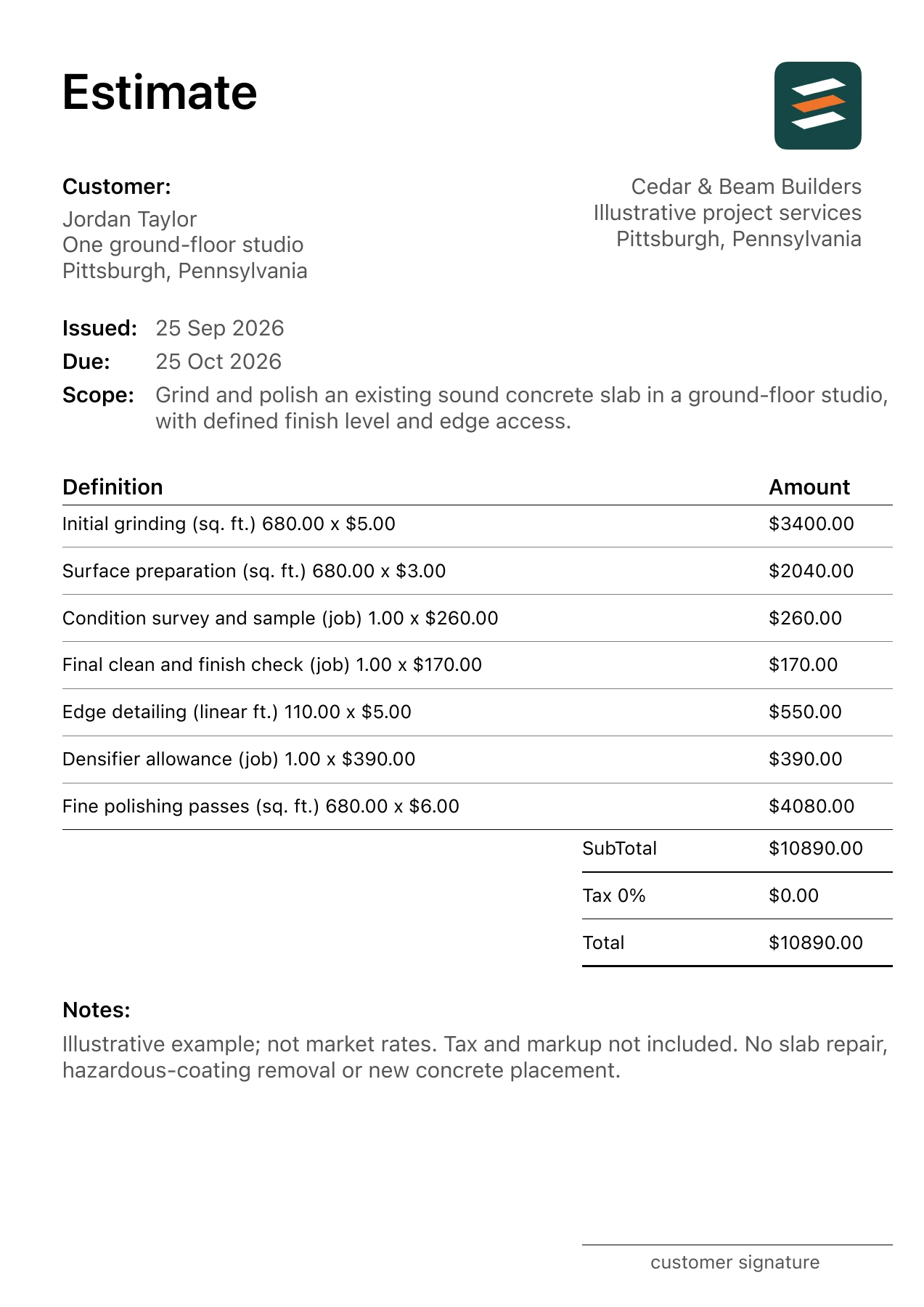 First page of the fictional concrete floor polishing estimate PDF