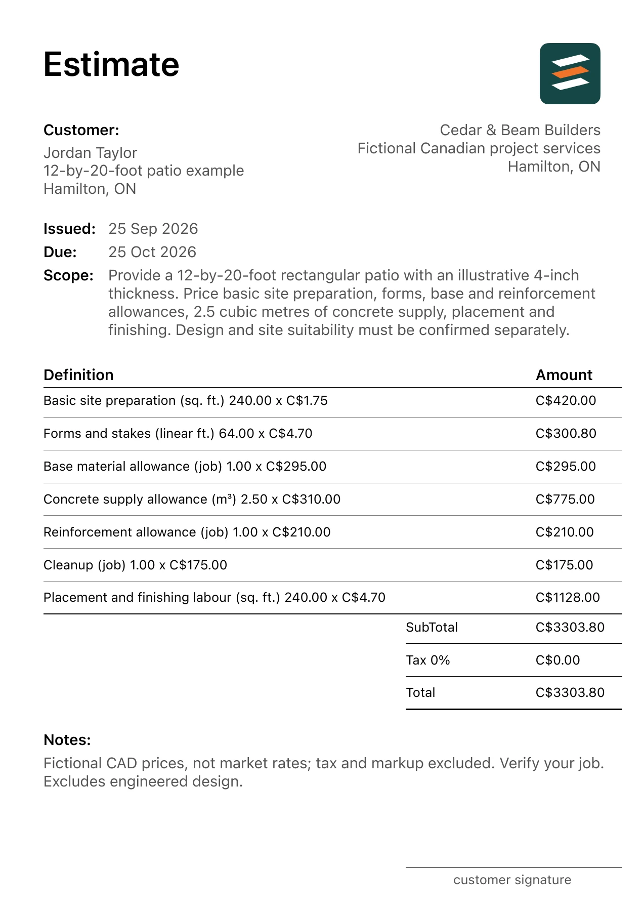 First page of the Hamilton, Ontario concrete patio estimate in Canadian dollars