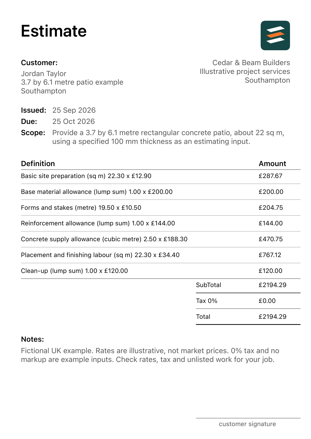 First page of the concrete patio estimate PDF for a fictional Southampton job