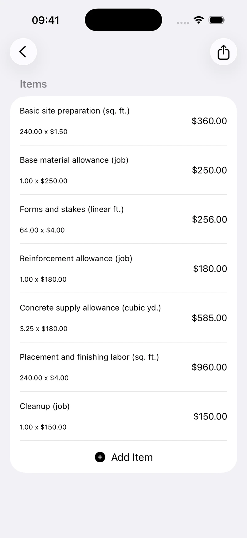 Concrete patio line items in the Estimates cost editor