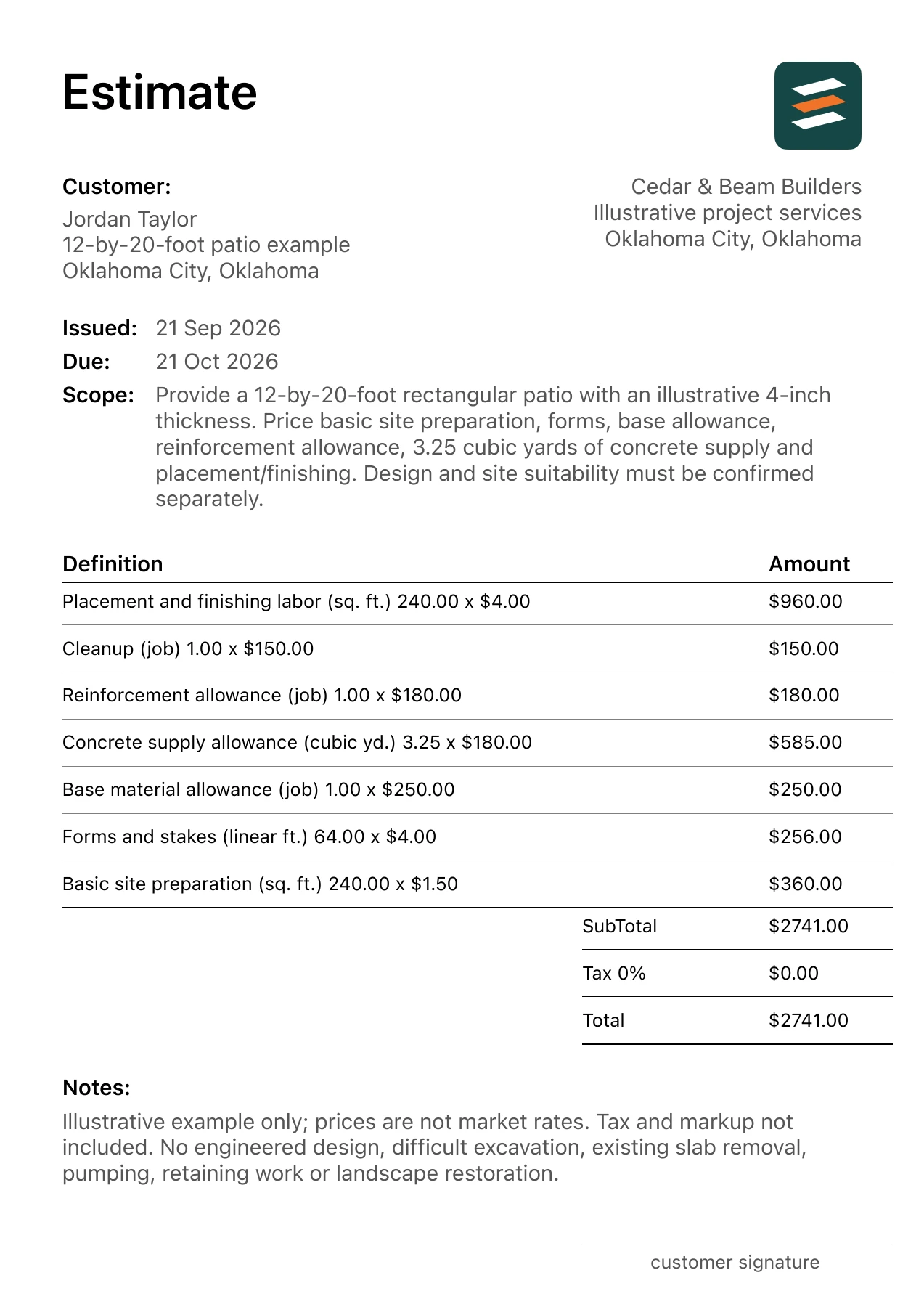 First page of the concrete patio estimate PDF