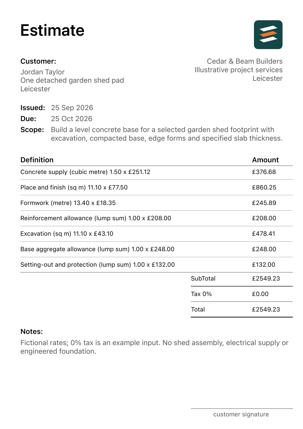 First page of the fictional concrete shed base installation estimate PDF