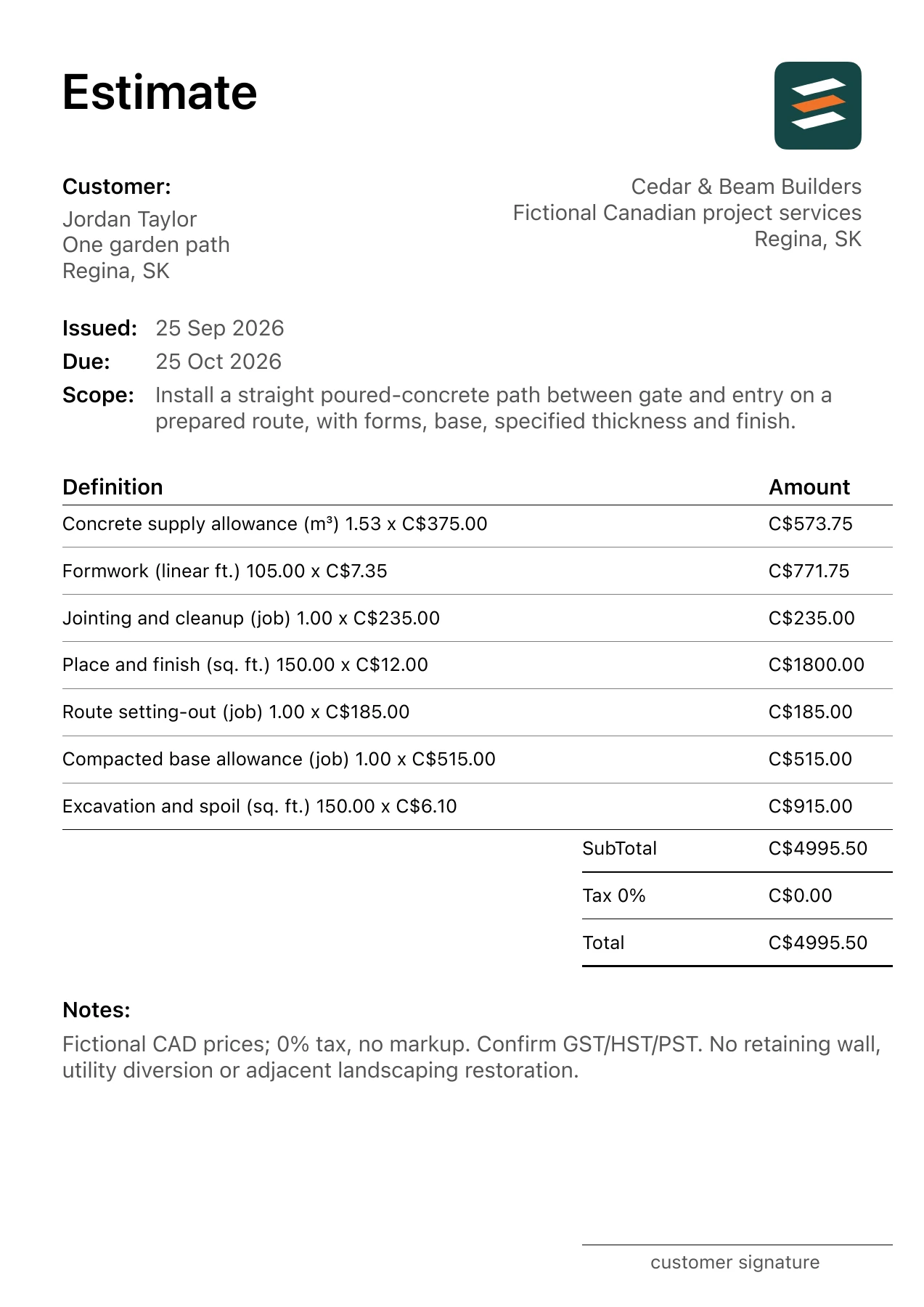 First page of the fictional Regina, Saskatchewan concrete walkway installation PDF estimate