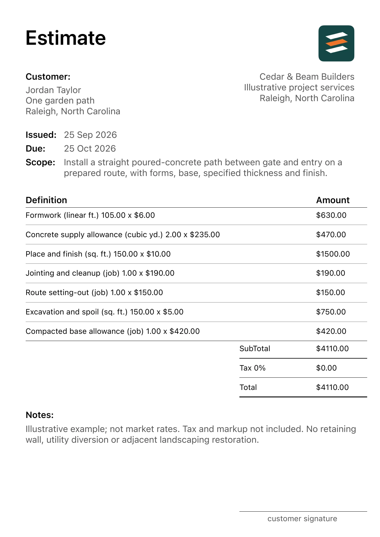 First page of the fictional concrete walkway installation estimate PDF