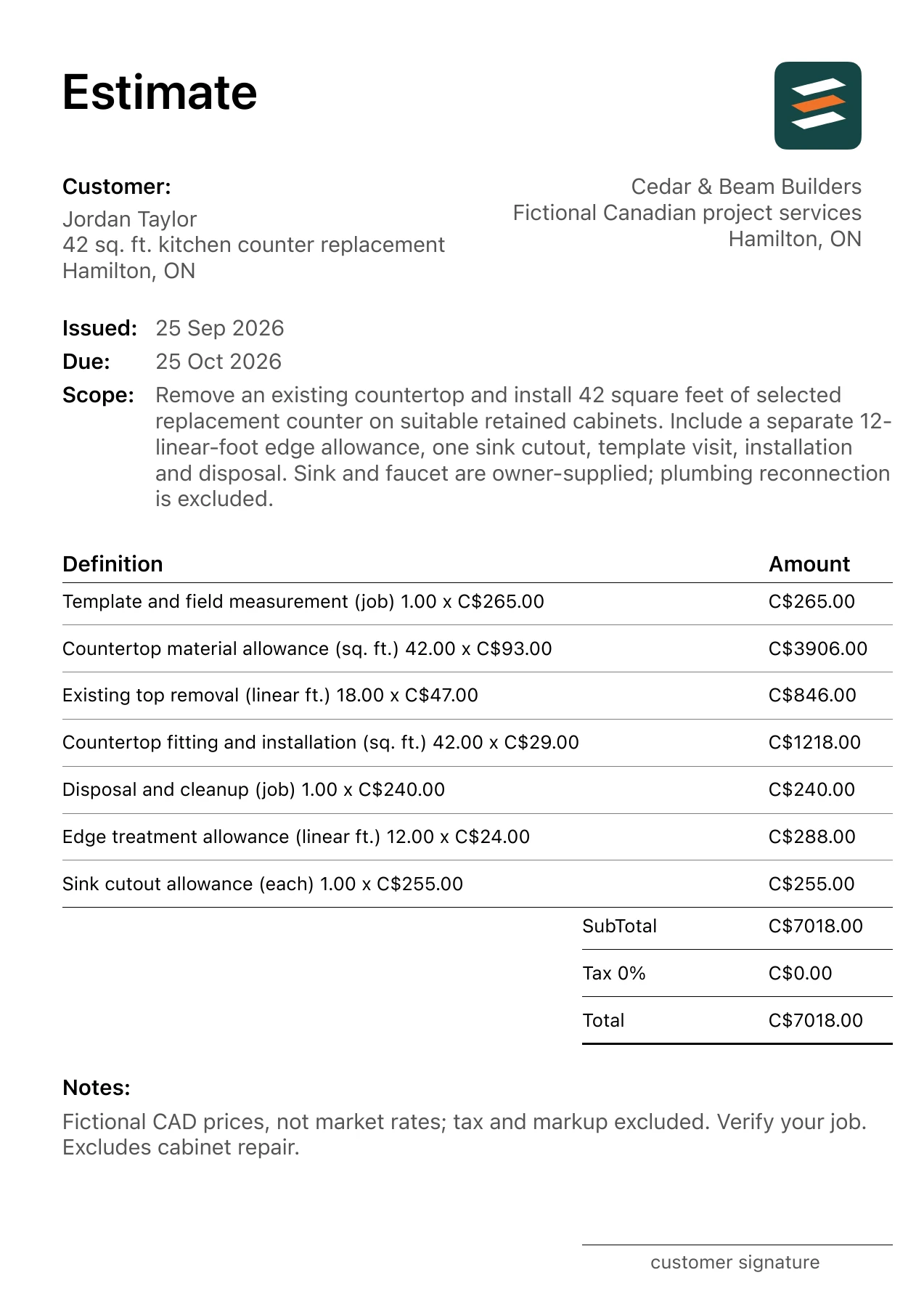 First page of the Hamilton, Ontario kitchen countertop replacement estimate in Canadian dollars
