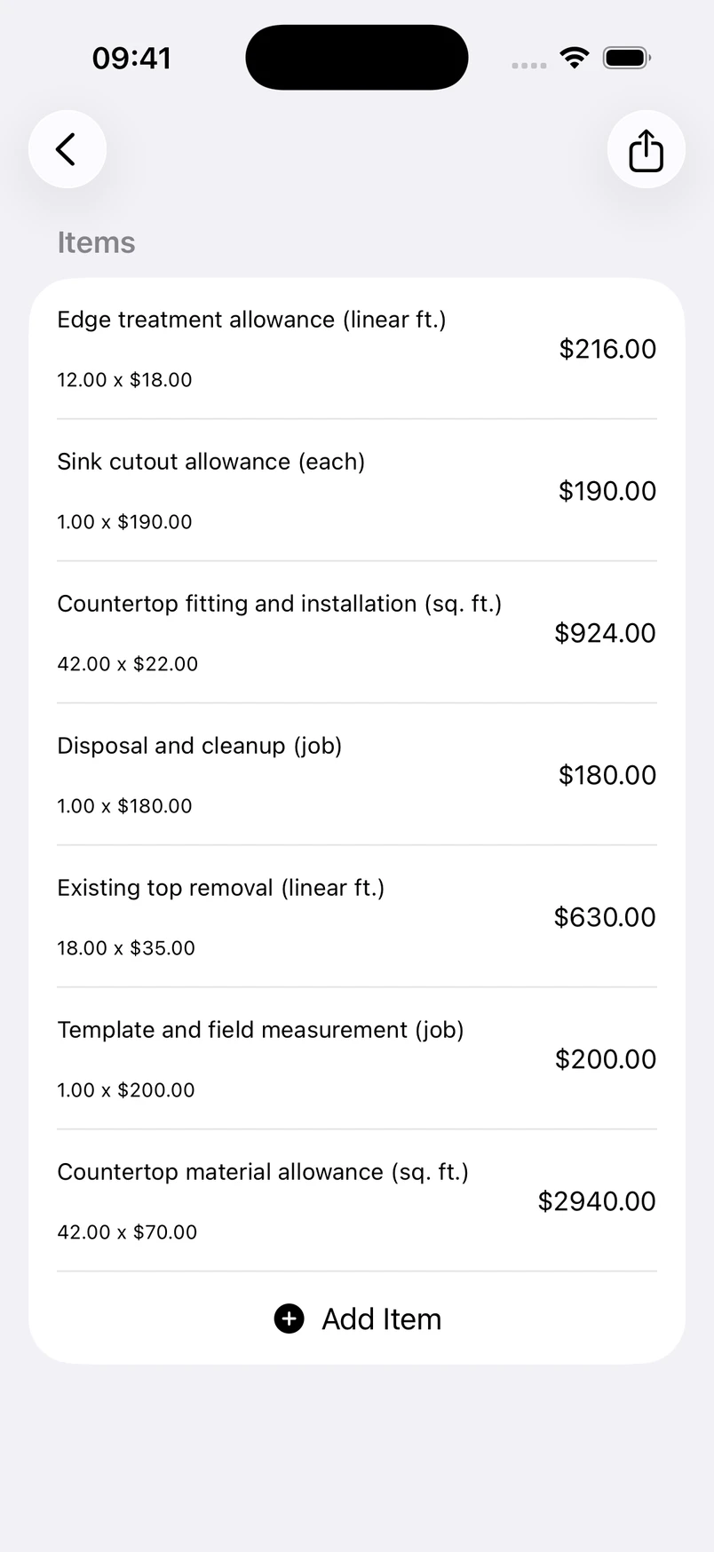 Kitchen countertop replacement line items in the Estimates cost editor