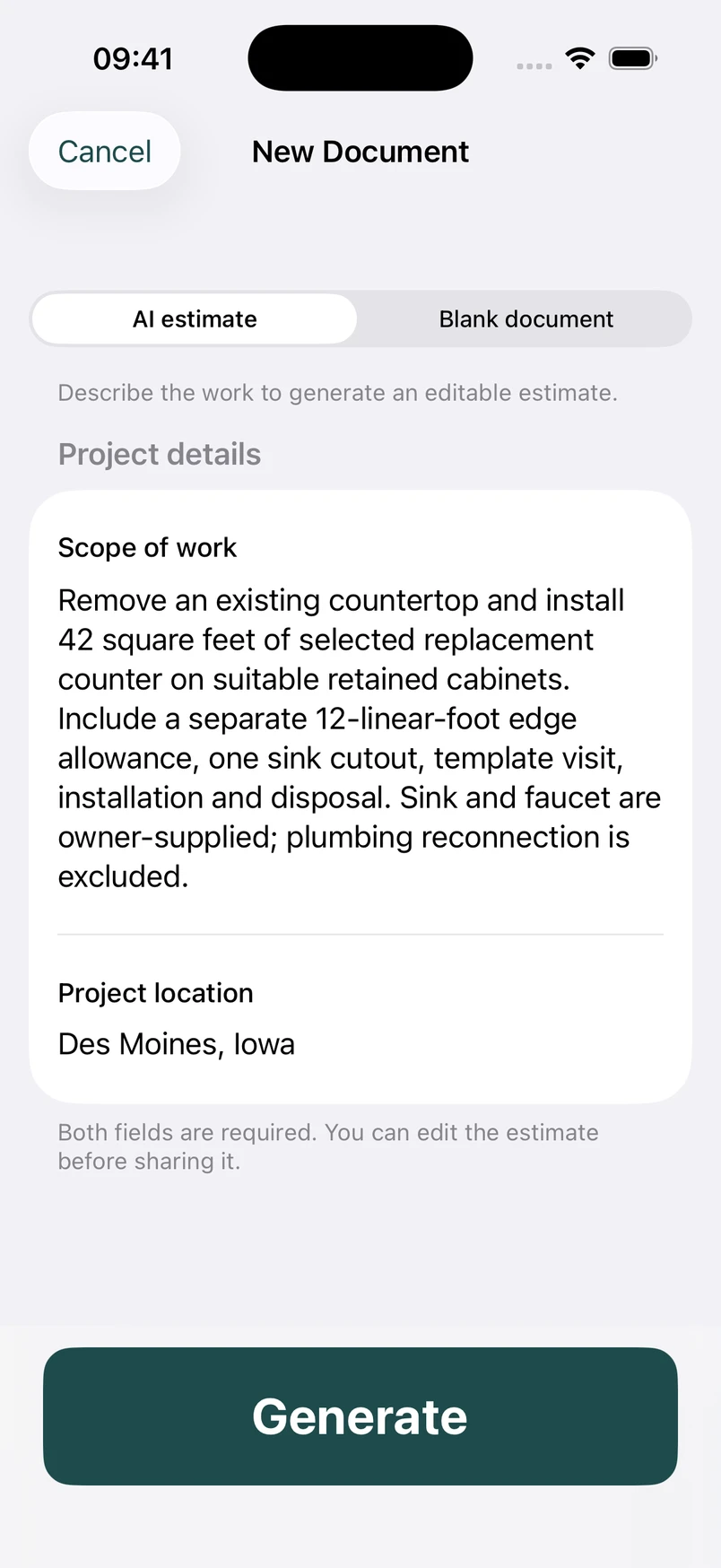 Kitchen countertop replacement scope in the New Document screen