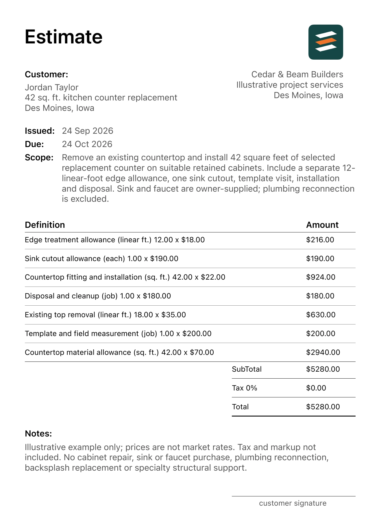 First page of the kitchen countertop replacement estimate PDF