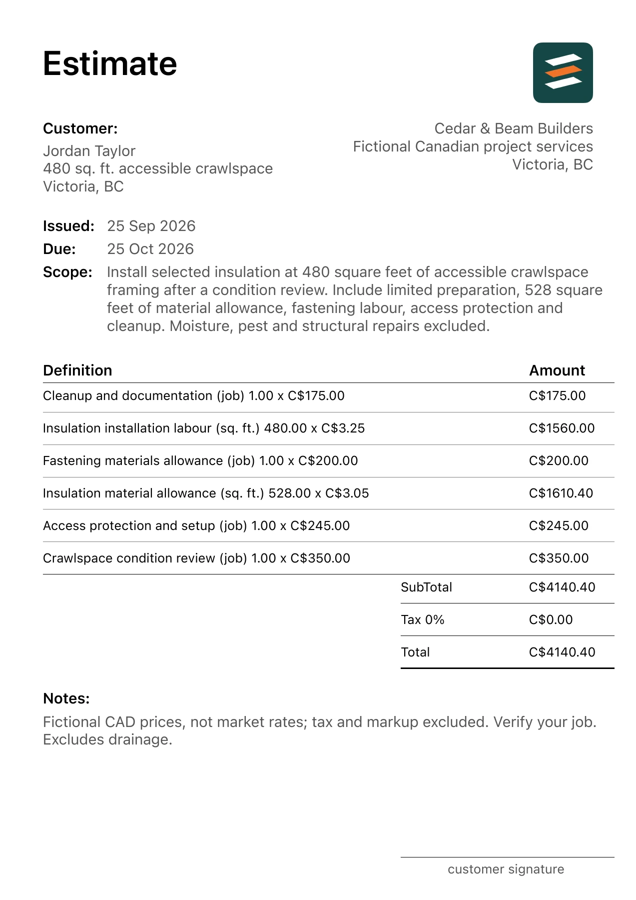 First page of the Victoria, British Columbia crawlspace insulation estimate in Canadian dollars