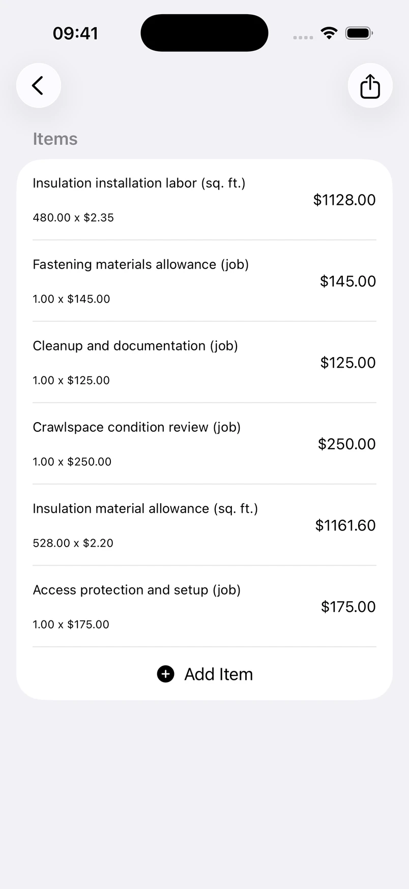 Crawlspace insulation line items in the Estimates cost editor