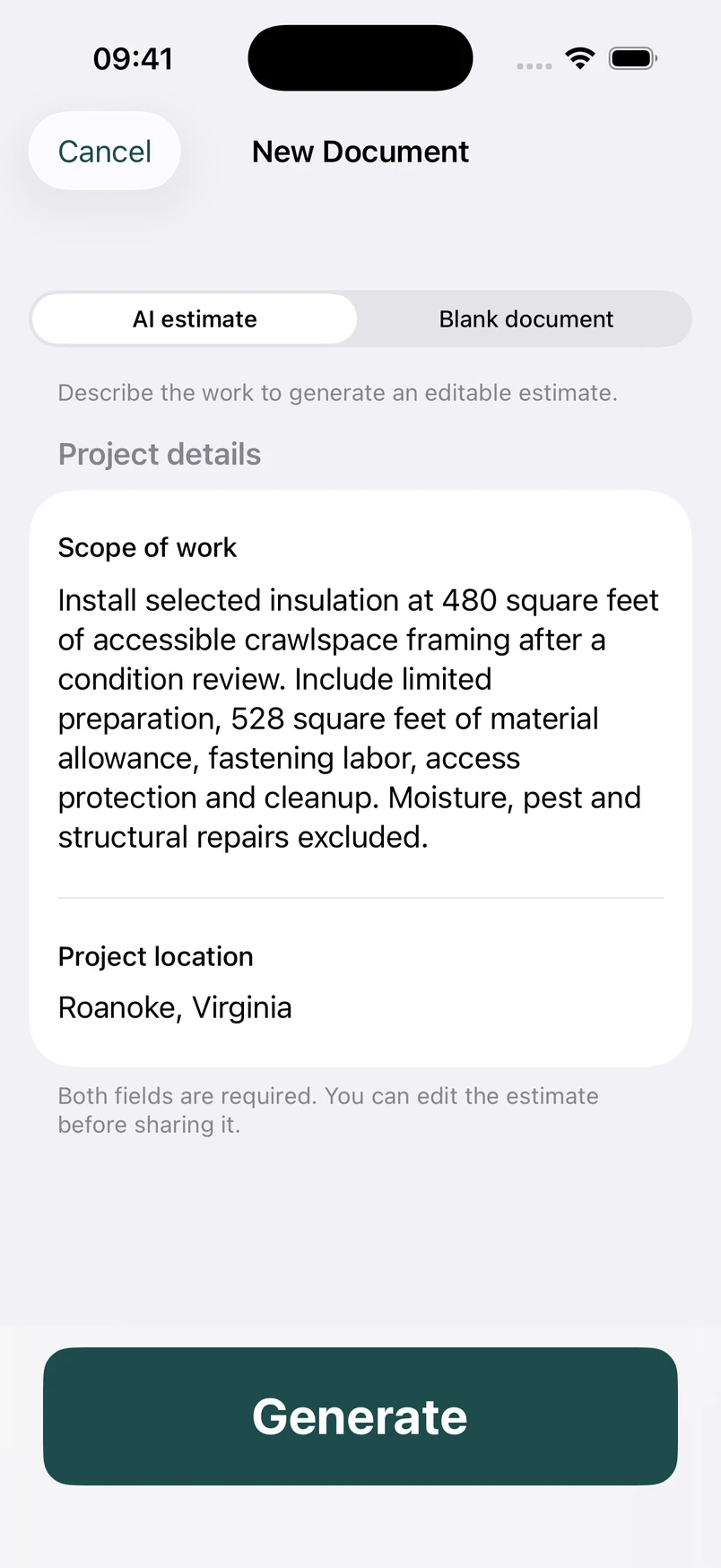 Crawlspace insulation scope in the New Document screen