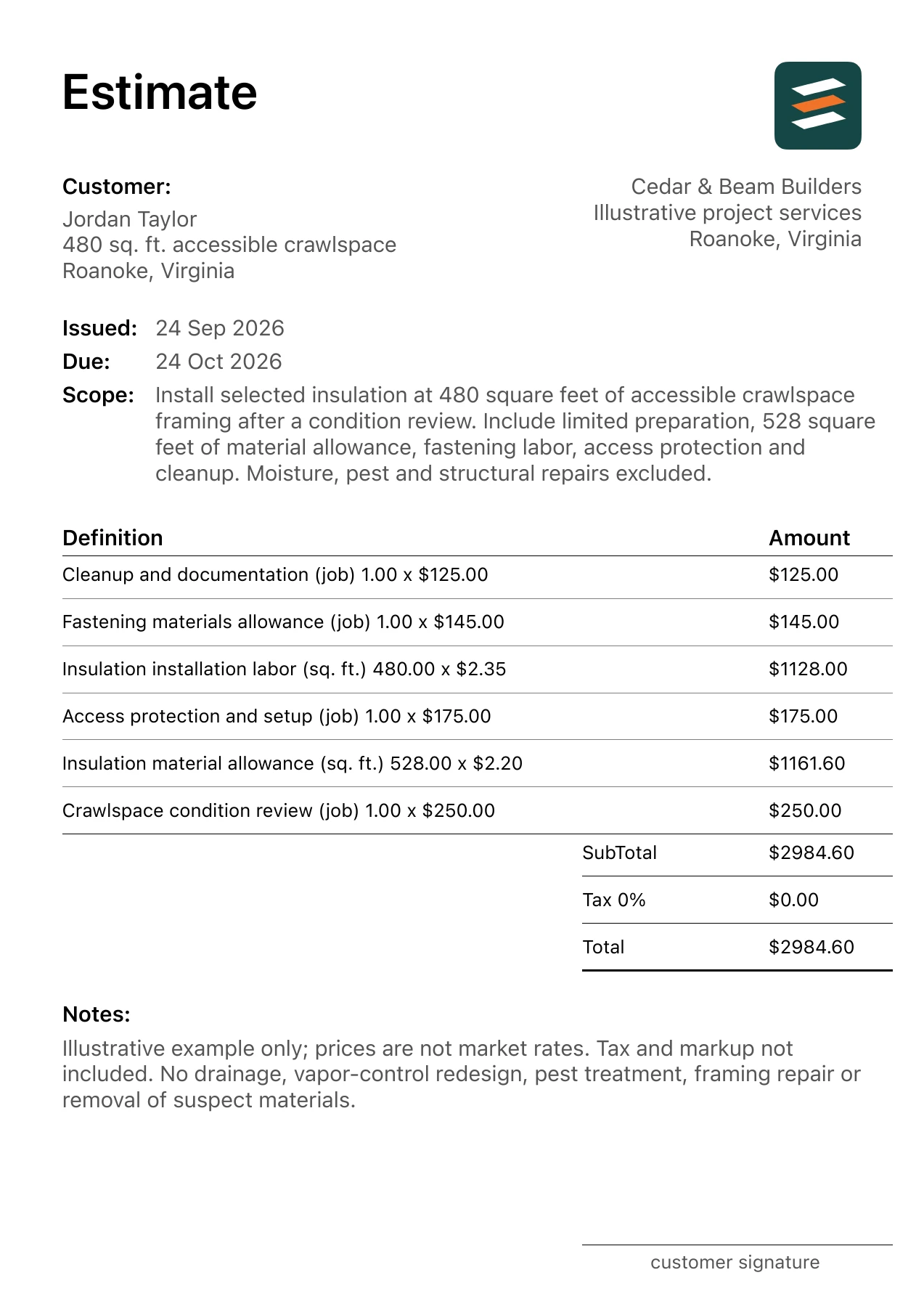 First page of the crawlspace insulation estimate PDF