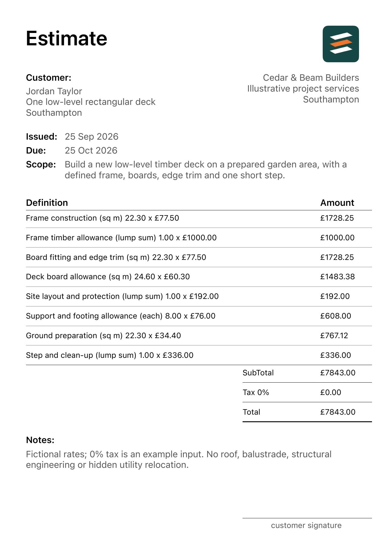 First page of the fictional new timber deck installation estimate PDF