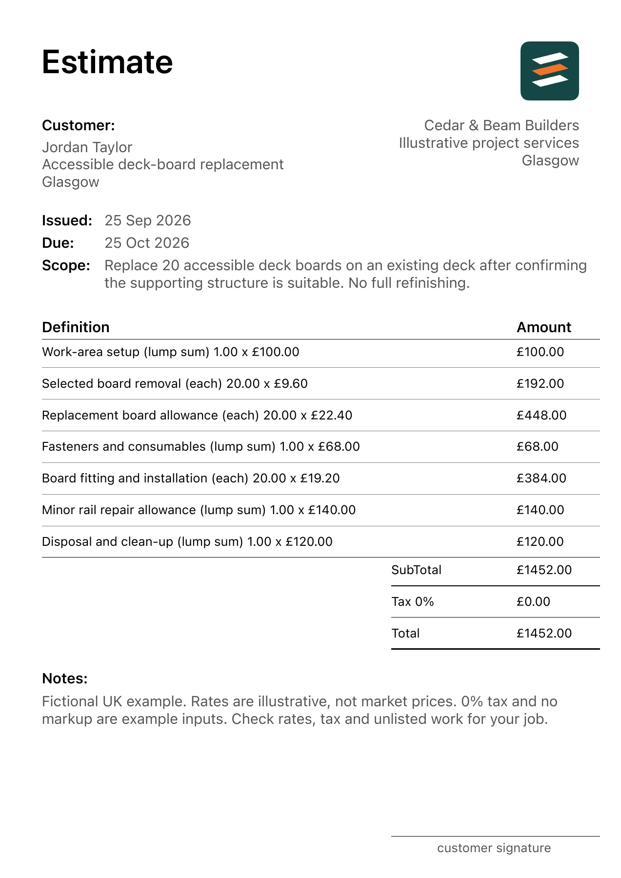 First page of the decking repair estimate PDF for a fictional Glasgow job