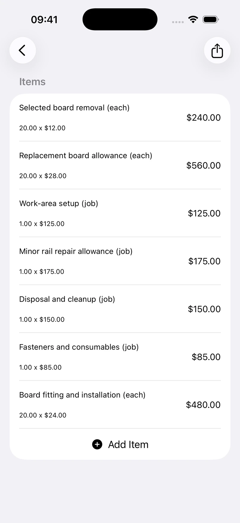 Deck repair line items in the Estimates cost editor