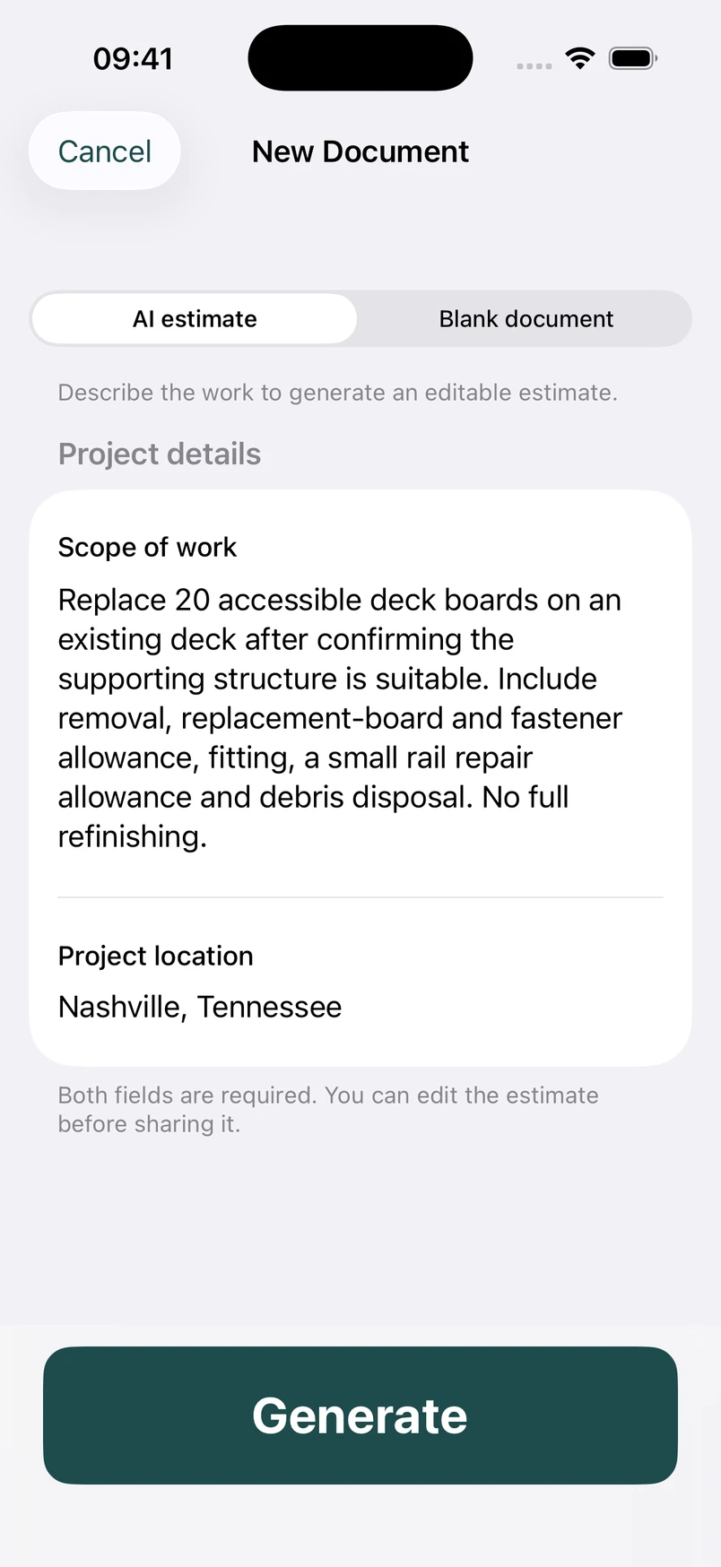 Deck repair scope in the New Document screen